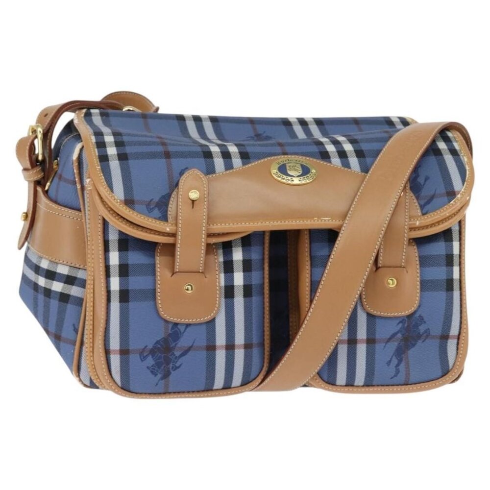 vz2974 Authentic Burberrys Nova Check Shoulder Bag PVC Leather Blue Gold